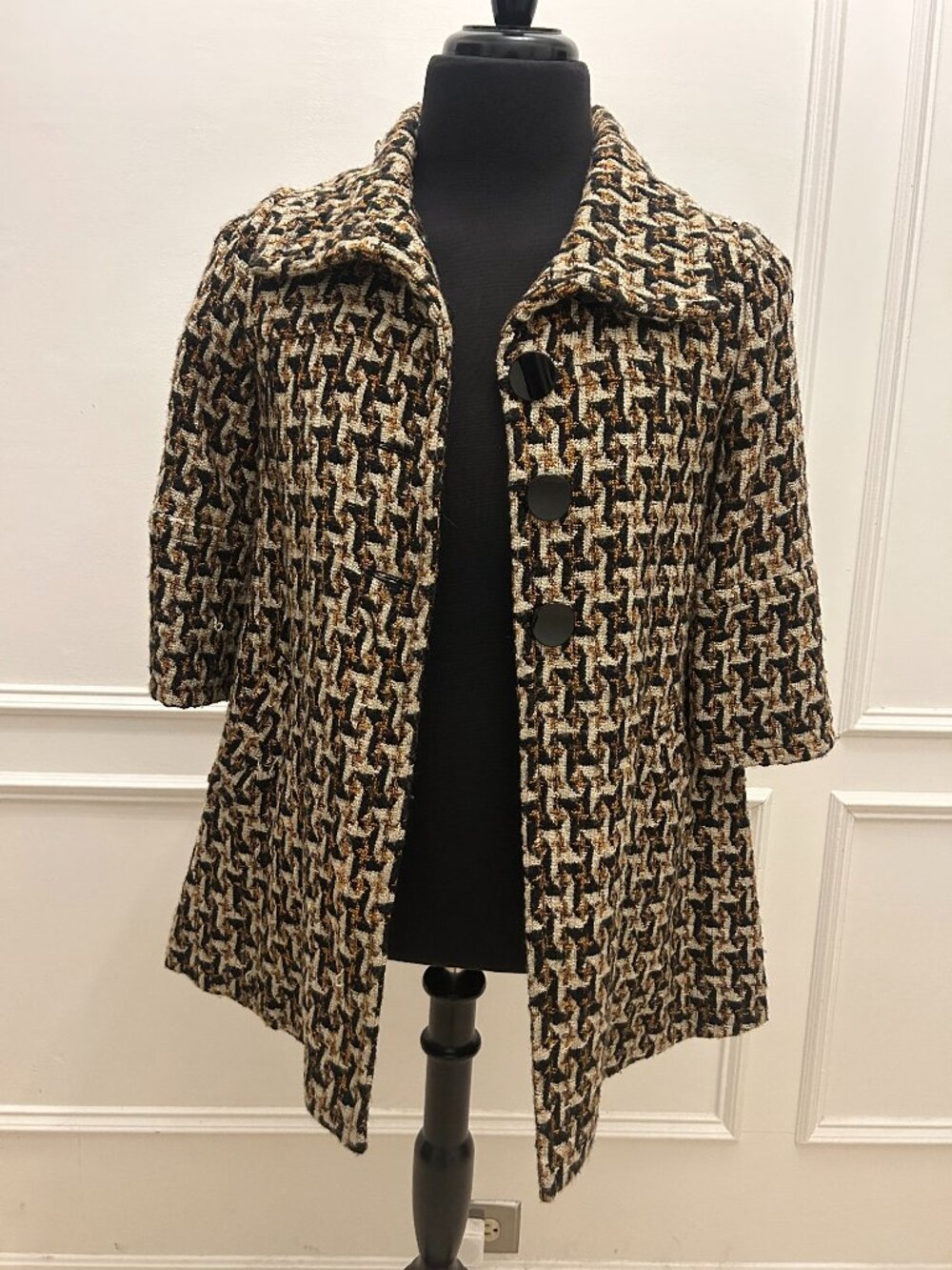 Kensie Patterned Tweed Coat Small Black Brown Textured Jacket